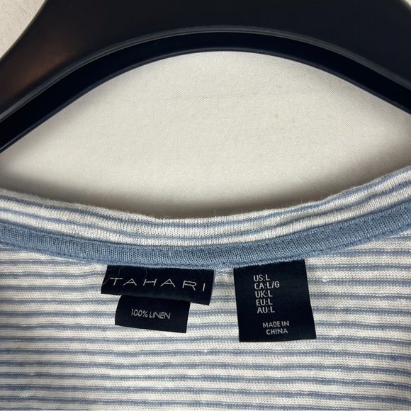 Tahari 100% linen striped asymmetrical Vneck Tee size L - Picture 2 of 6